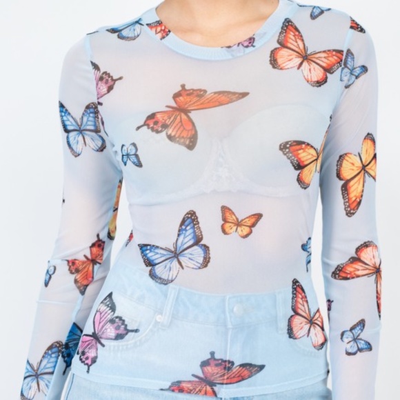 🦋 Light Blue Butterfly Sheer Mesh Long Sleeve Top - Picture 3 of 6